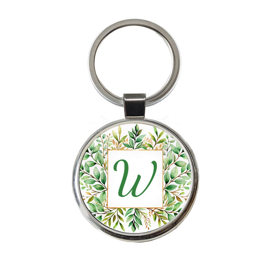 Letter W Initial Monogram Frame Leaf Round Metal Keychain