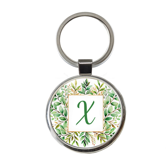 Letter X Initial Monogram Frame Leaf Round Metal Keychain