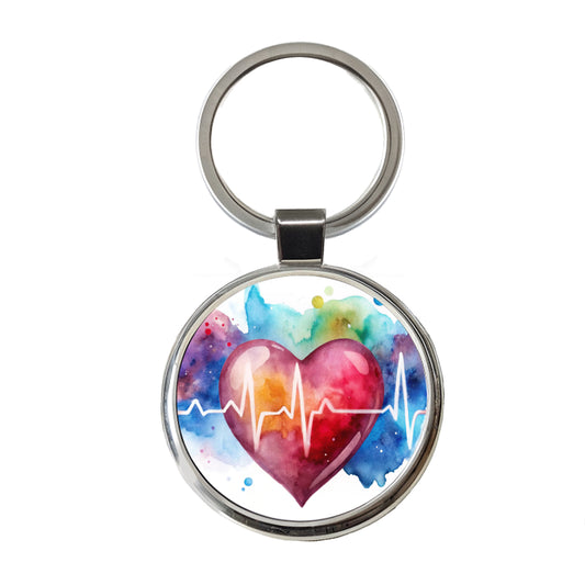 Life Pulse Heart Beat Doctor Nurse RN EMT Watercolor Round Metal Keychain