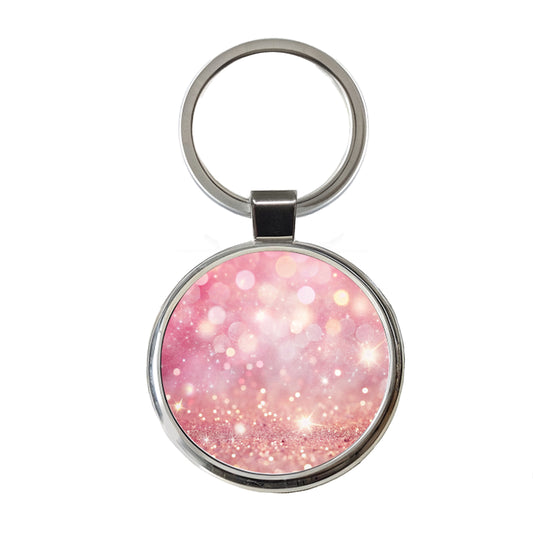 Light Pink Faux Glitter Round Metal Keychain