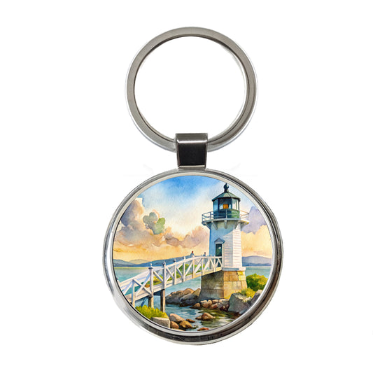 Lighthouse Like Marshall Point Maine Watercolor Round Metal Keychain
