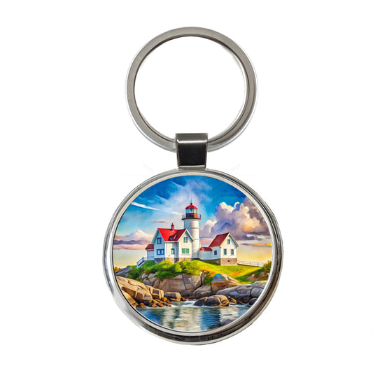 Lighthouse Like Nubble Lighthouse Maine Watercolor Round Metal Keychain