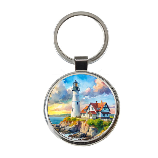 Lighthouse Like Portland Head Maine Watercolor Round Metal Keychain