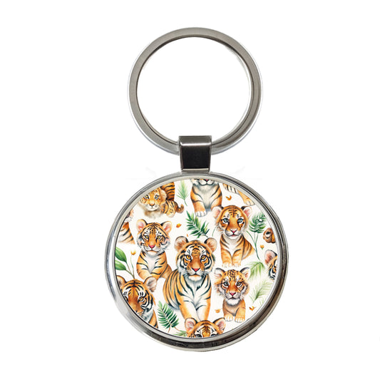Lots Of Sweet Bengal Tigers Round Metal Keychain