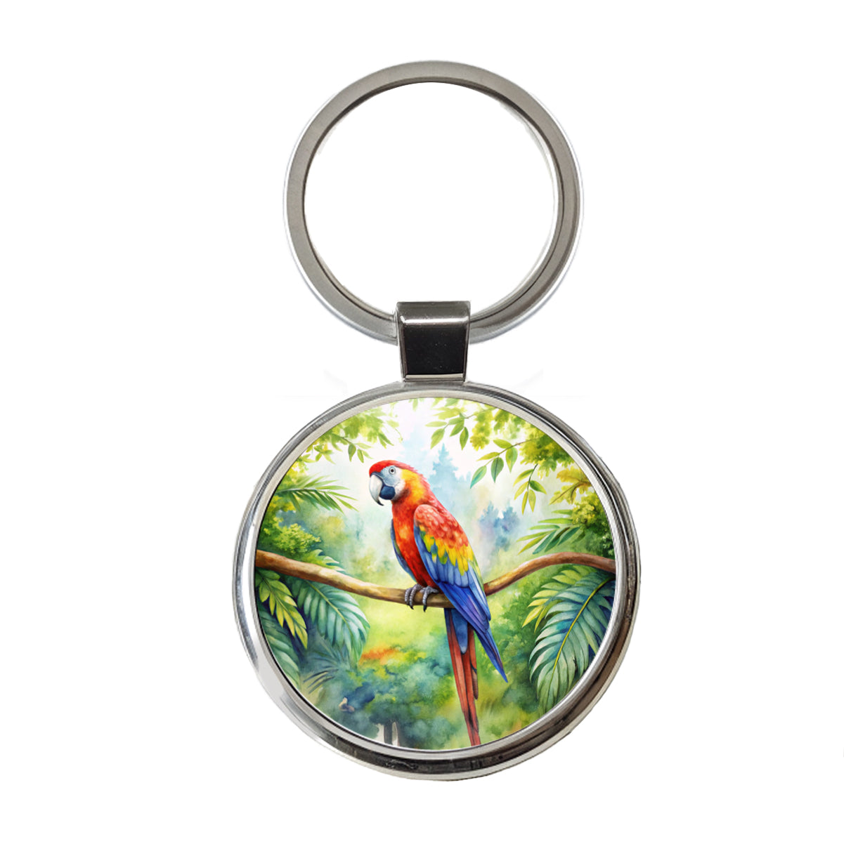 Macaw Parrot In Tree Bird Watercolor Round Metal Keychain
