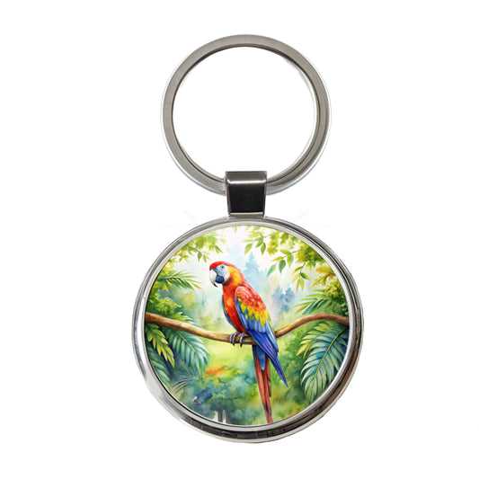 Macaw Parrot In Tree Bird Watercolor Round Metal Keychain