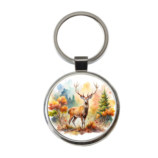 Majestic Deer Hunting Hunter Watercolor Round Metal Keychain