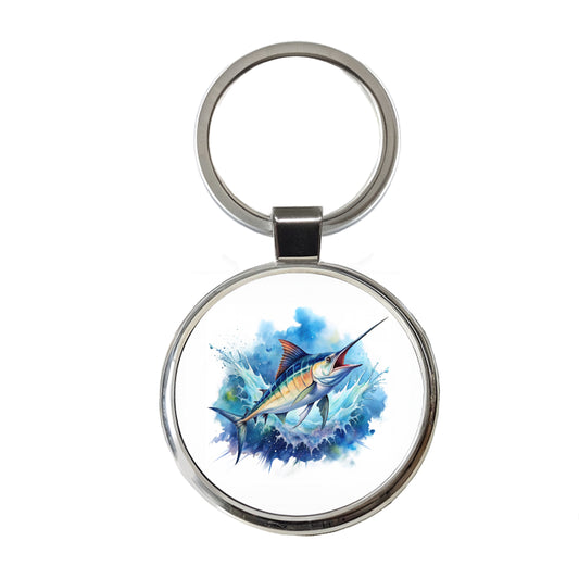 Marlin Jumping In The Ocean Deep Sea Sport Fishing Watercolor Round Metal Keychain
