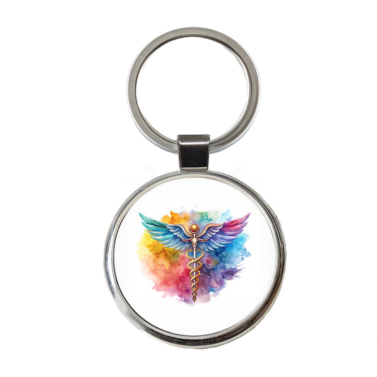 Medical Caduceus Doctor Nurse RN EMT Watercolor Round Metal Keychain