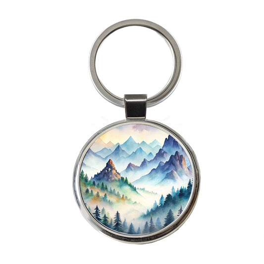Mist Covered Mountains Misty Watercolor Round Metal Keychain