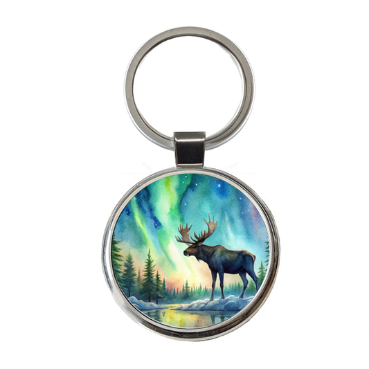 Moose And Northern Lights Watercolor Round Metal Keychain
