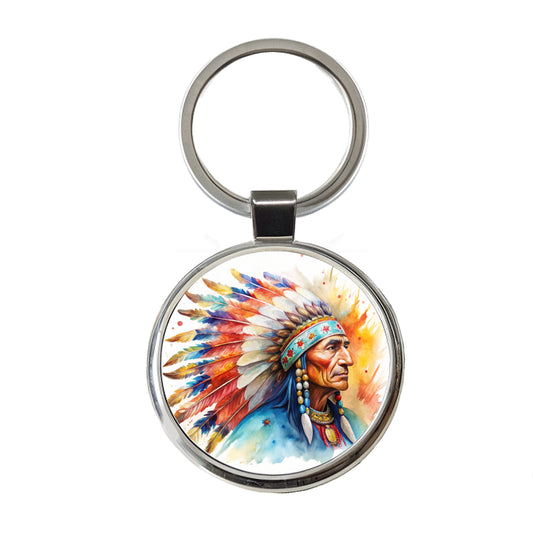 Native American Indian Chief Feather Headdress Watercolor Round Metal Keychain