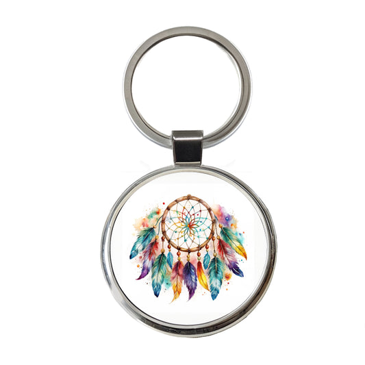 Native American Indian Dreamcatcher Watercolor Round Metal Keychain