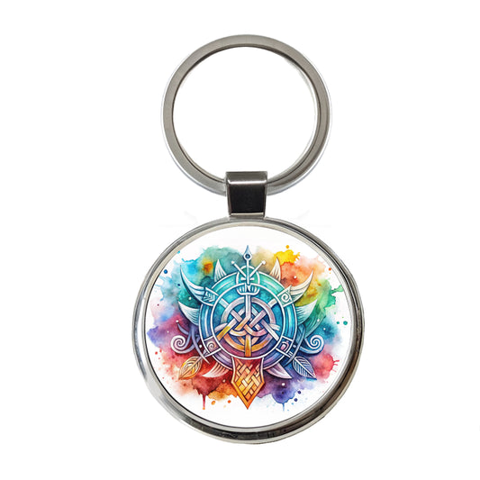 Norse Viking Symbols Watercolor Round Metal Keychain