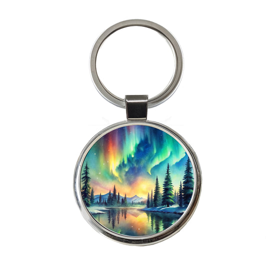 Northern Lights Watercolor Beautiful Round Metal Keychain