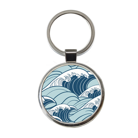 Ocean Waves Japanese Style Round Metal Keychain