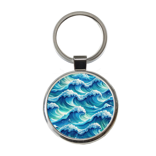Ocean Waves Painting Round Metal Keychain