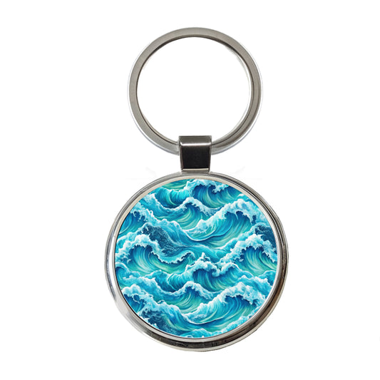 Ocean Waves Pattern Round Metal Keychain