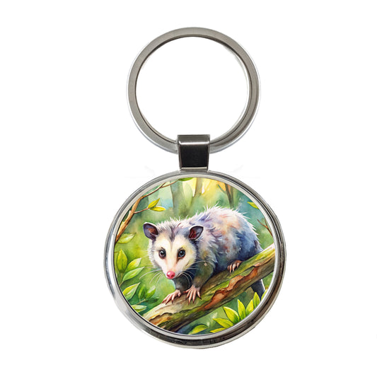 Opossum In The Forest Watercolor Round Metal Keychain