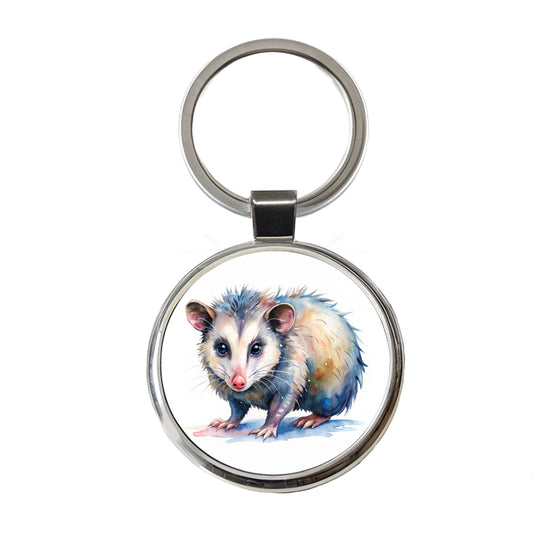 Opossum Watercolor Round Metal Keychain