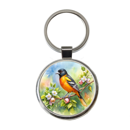 Oriole In Tree Bird Watercolor Round Metal Keychain