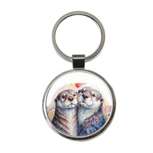 Otters In Love Heart Valentine's Day Round Metal Keychain