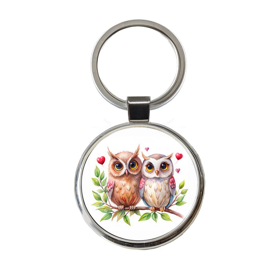Owls In Love On Branch Hearts Valentine's Day Round Metal Keychain