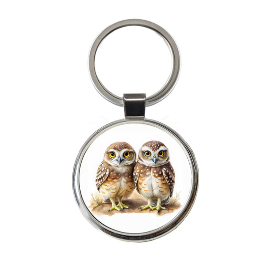 Pair Of Burrowing Owls Bird Watercolor Round Metal Keychain