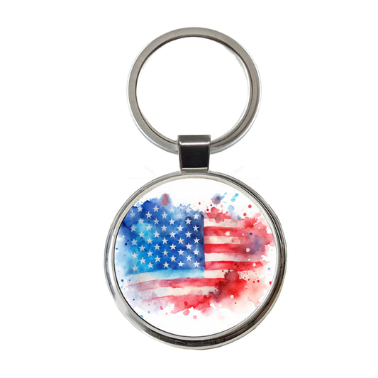 Patriotic American Flag USA Watercolor Round Metal Keychain