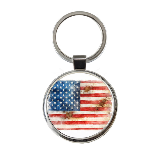 Patriotic Rustic Worn American Flag Watercolor Round Metal Keychain