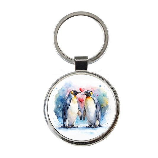 Penguins In Love Hearts Valentine's Day Round Metal Keychain