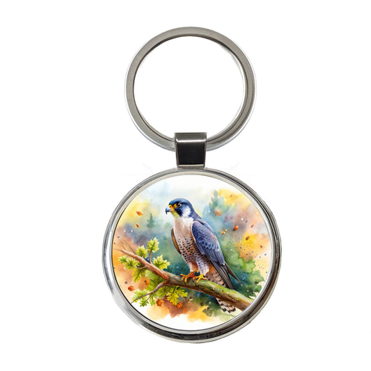 Peregrine Falcon Raptor Bird Of Prey In Tree Watercolor Round Metal Keychain