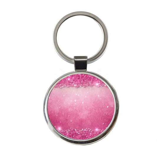 Pink Faux Glitter Round Metal Keychain