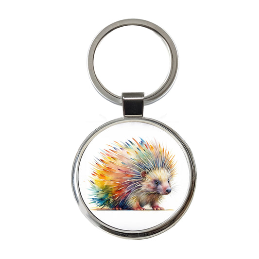 Porcupine Colorful Rainbow Watercolor Round Metal Keychain