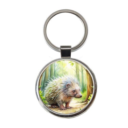 Porcupine In The Forest Watercolor Round Metal Keychain