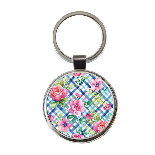 Preppy Pink Flowers Blue Gingham Plaid Round Metal Keychain