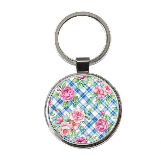 Pretty Pink Flowers Floral Blue Wallpaper Round Metal Keychain