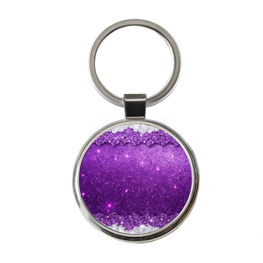 Purple Faux Glitter Round Metal Keychain