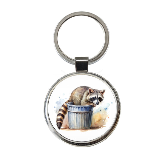 Raccoon In A Trash Can Panda Watercolor Round Metal Keychain