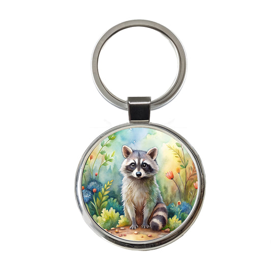 Raccoon In The Forest Watercolor Round Metal Keychain
