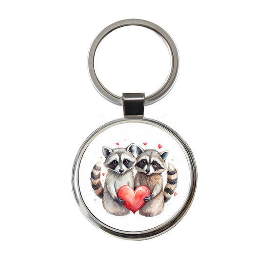 Raccoons In Love With Hearts Valentine's Day Round Metal Keychain