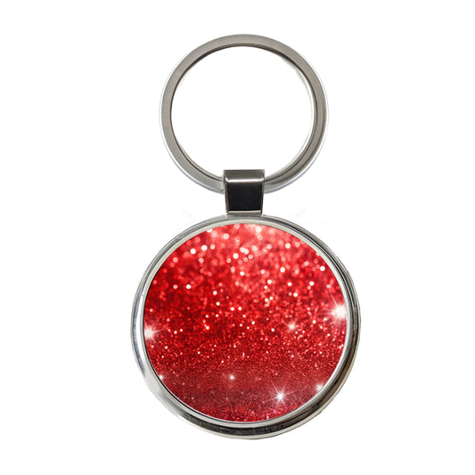 Red Faux Glitter Round Metal Keychain