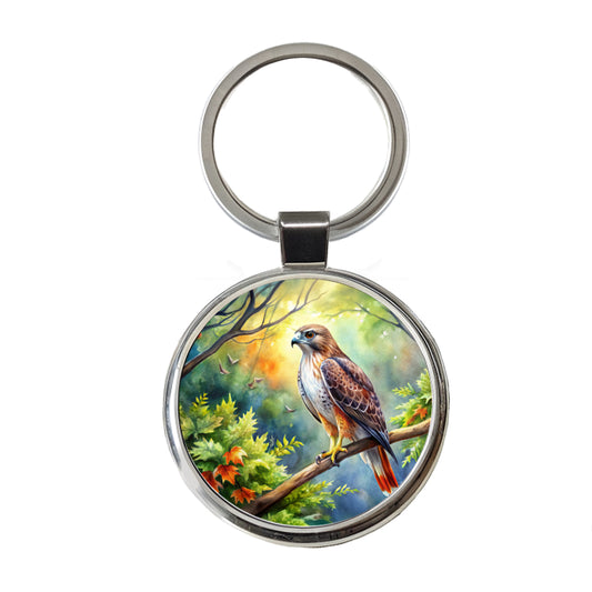 Red-tailed Hawk Raptor Bird Of Prey In Tree Watercolor Round Metal Keychain
