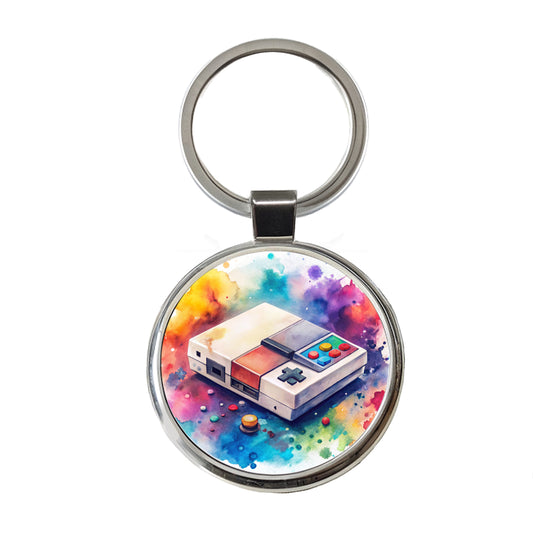 Retro Arcade Console System Watercolor Round Metal Keychain