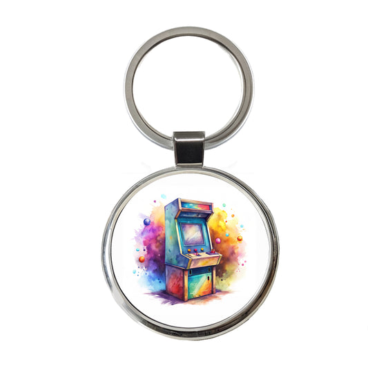 Retro Stand-up Arcade System Watercolor Round Metal Keychain