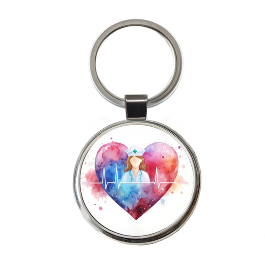 RN Nurse Life Pulse Heart Beat Watercolor Round Metal Keychain