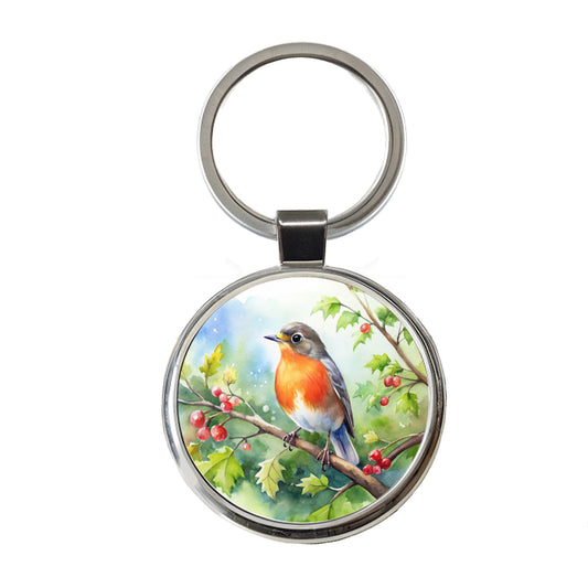 Robin In Tree Bird Watercolor Round Metal Keychain