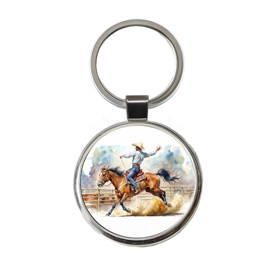 Rodeo Cowboy Horse Country Round Metal Keychain