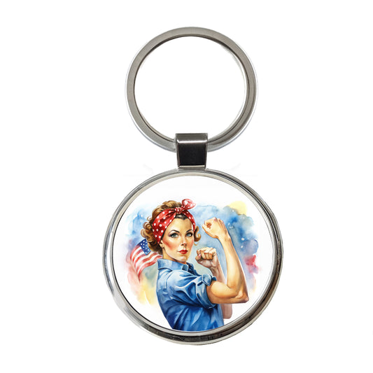 Rosie The Riveter Patriotic Watercolor Round Metal Keychain