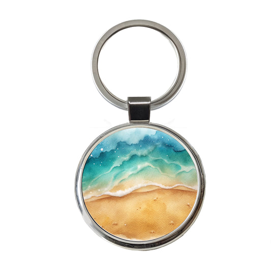 Sandy Tranquil Ocean Beach Round Metal Keychain